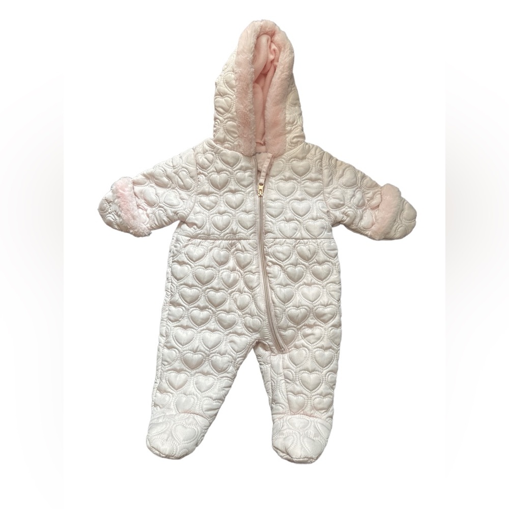 Rothschild infant snowsuit, baby pink with pink fur. Size 3/6 months